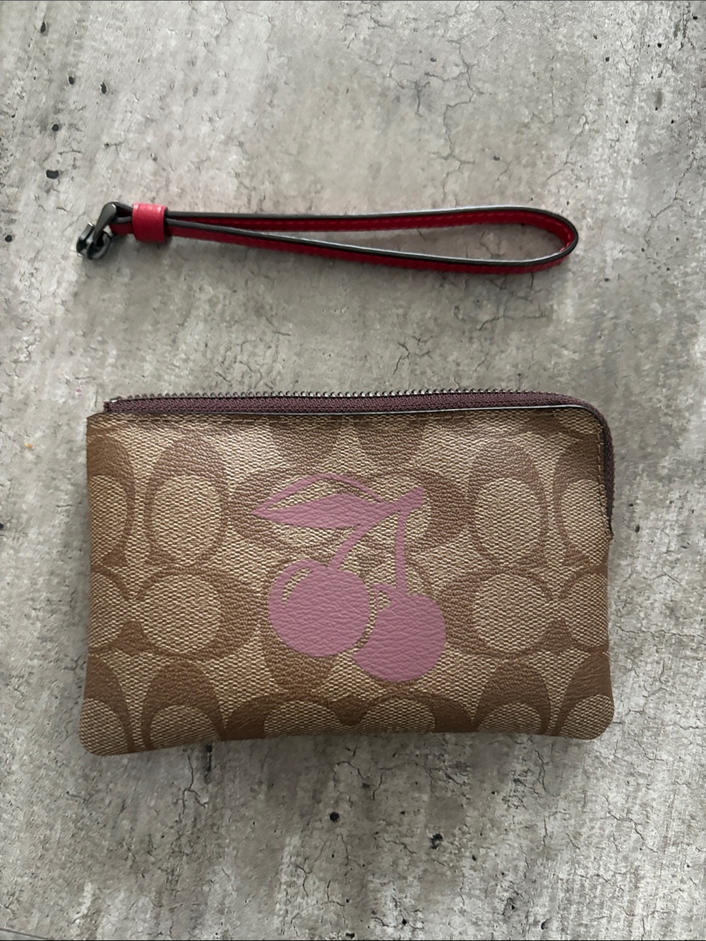 Coach (retired) Cherry Accent Brown Wristlet Pouch - Designer Canvas